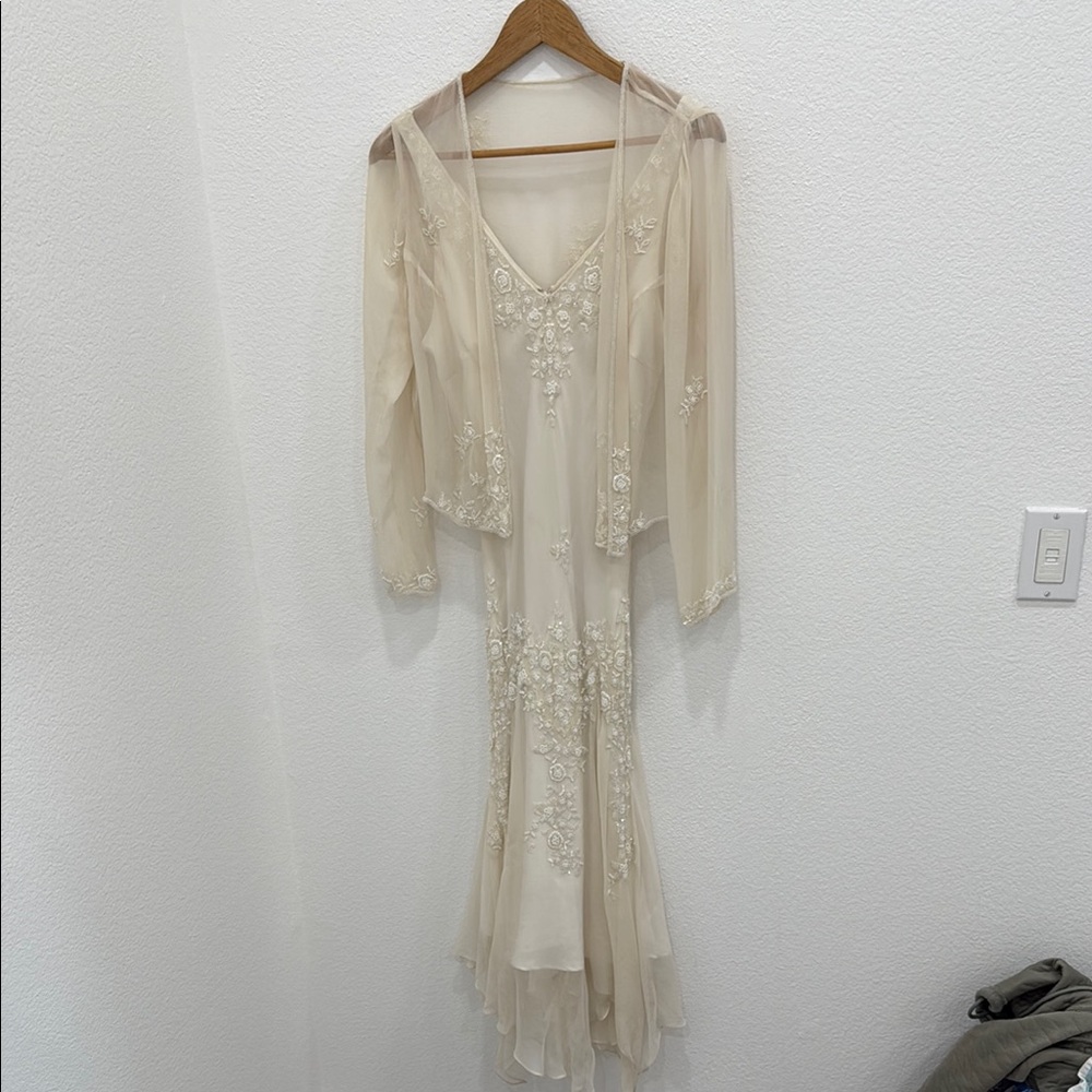 Scala Cream Long Sleeve V-Neck Gown with Sheer Jacket